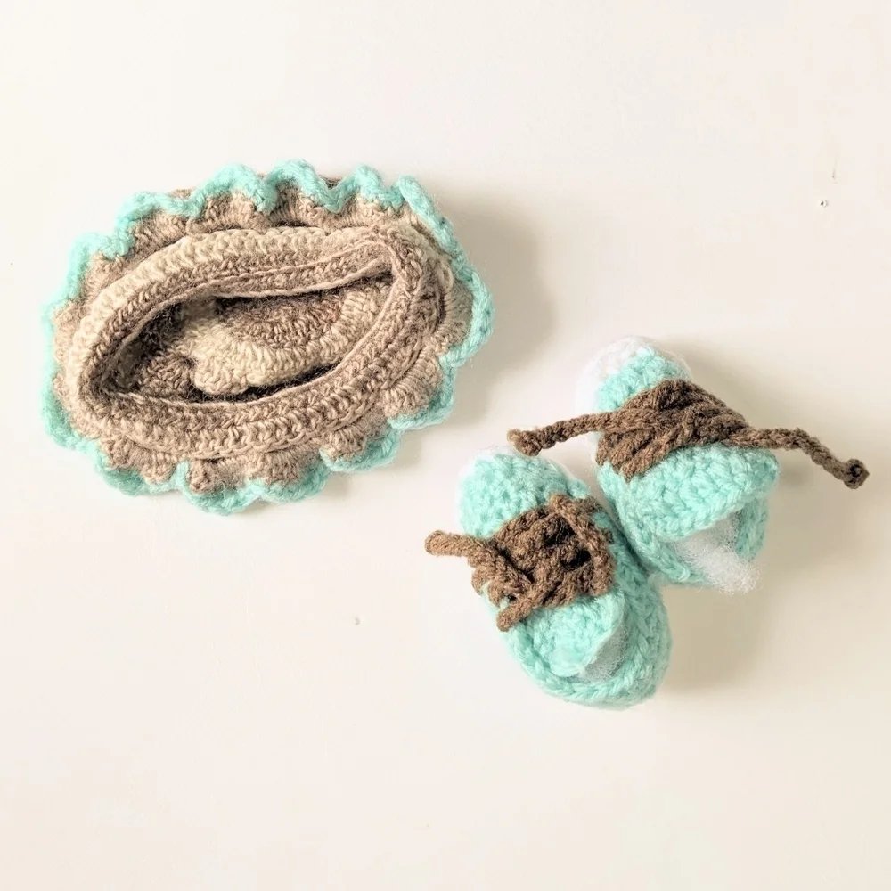 Handmade Matching Crochet Whale Lovey Baby Crib Set in Aqua and Brown-ish/Tan